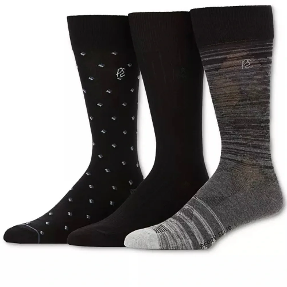 Perry Ellis Men's Black and‎ Gray Patterned Socks - 3 Pack